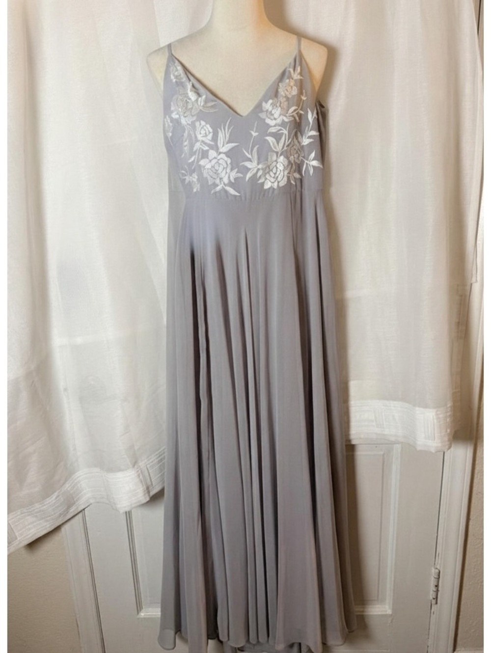 BHLDN Dusty Gray Floral-Embroidered Chiffon Prom Dress